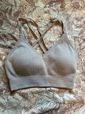 aerie Ribbed Crisscross Light Taupe Pink Sports Bra